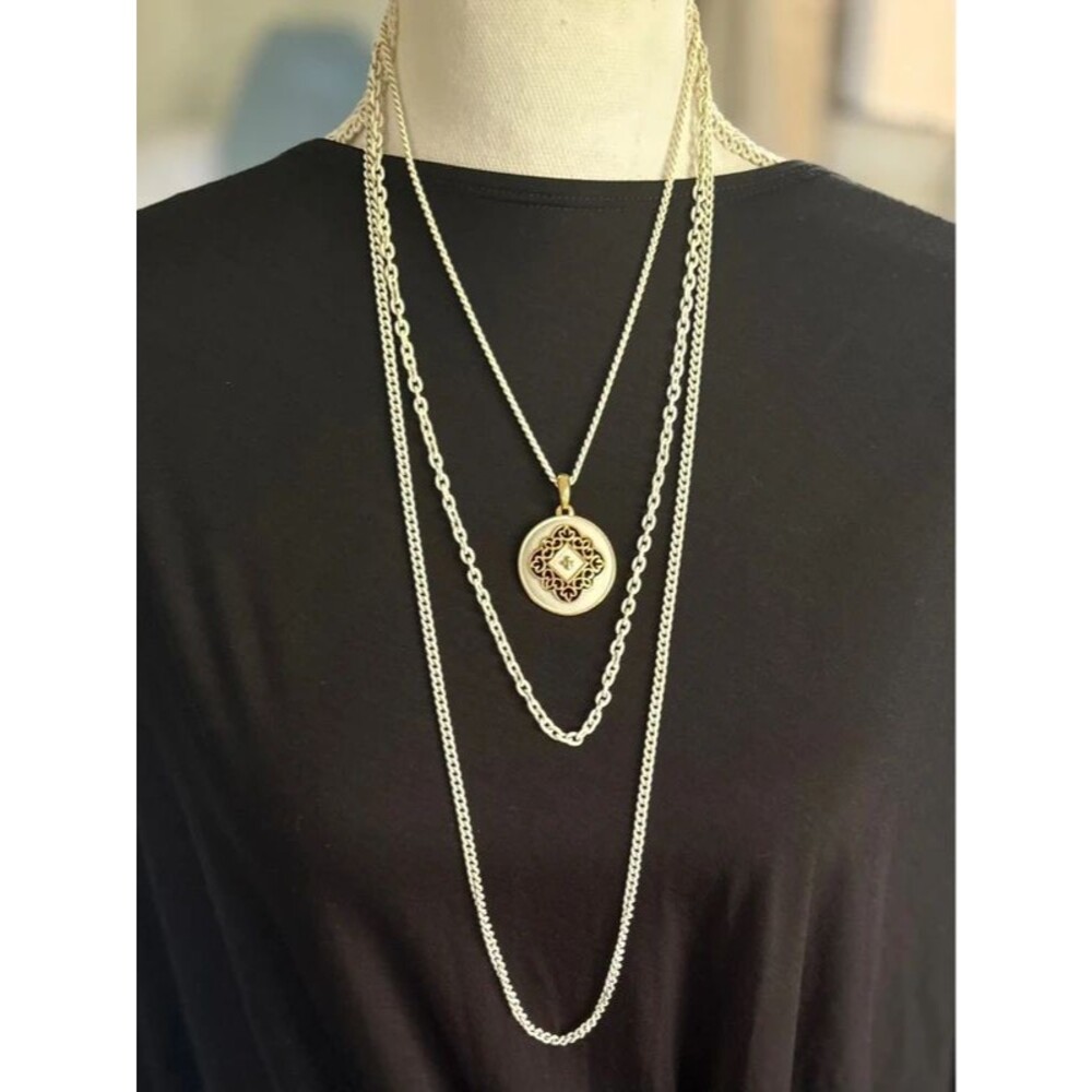 White & Gold Multi-Strand Pendant Necklace